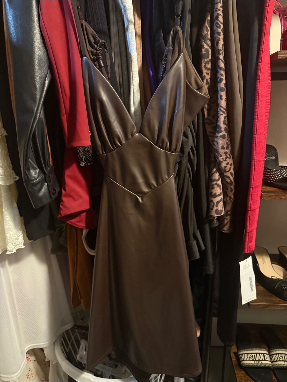 Versona Brown Faux-Leather Midi Slip Dress